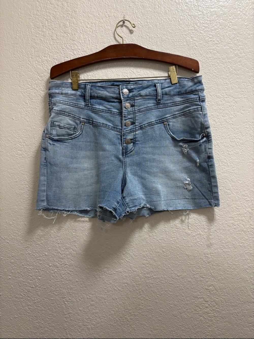 High-Rise Light Blue Button-Front Denim Shorts - Women's